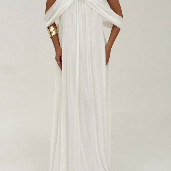 White Elegant Women's Holiday Sexy Off Shoulder Strapless Flowing Backless Dress - Picture 3 of 8